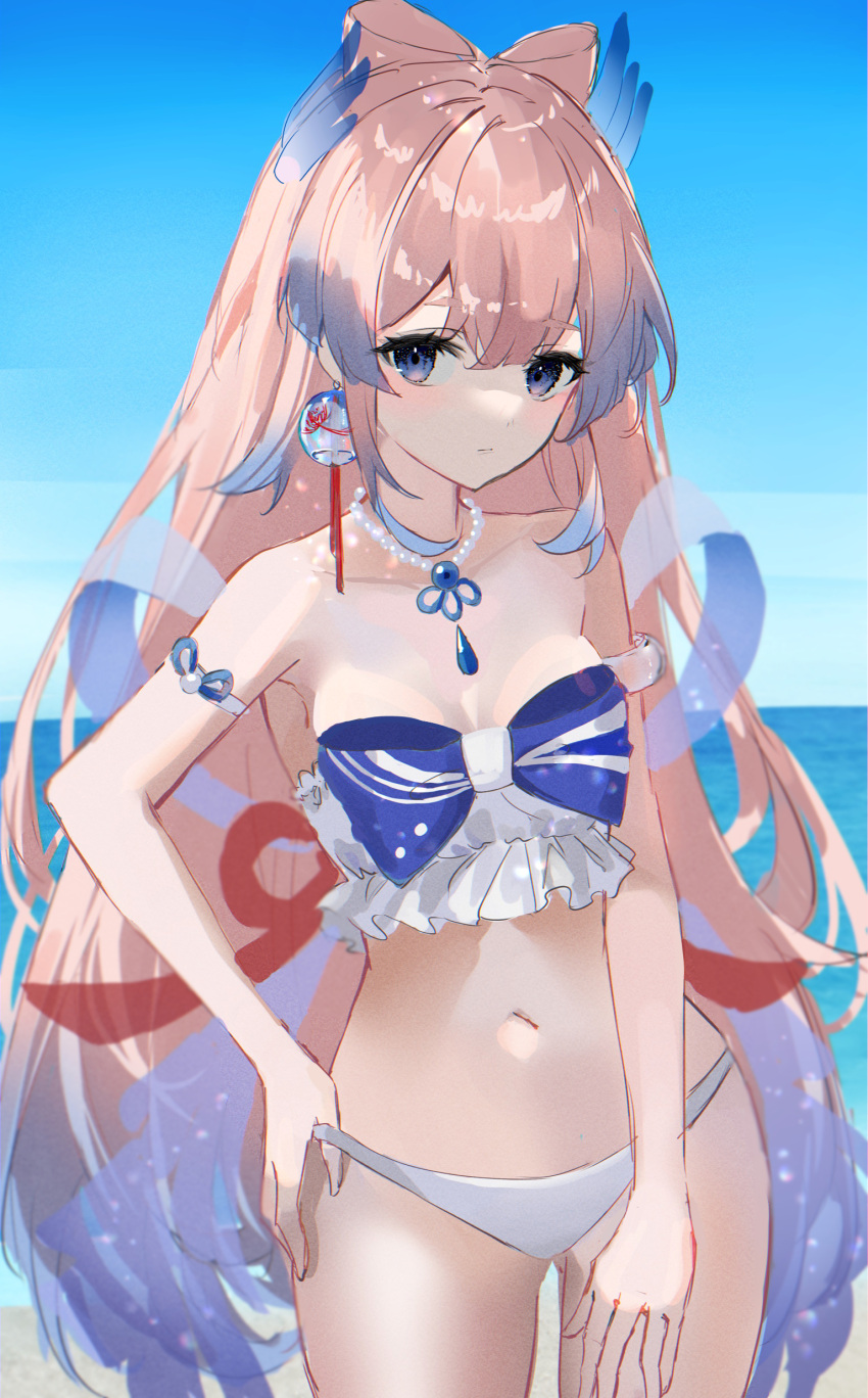 1girl absurdres arm_strap armlet bare_shoulders beach bead_necklace beads bikini bikini_tug blue_bow blue_eyes blue_sky bow bow-shaped_hair breasts choker closed_mouth colored_tips cowboy_shot earrings frilled_bikini frills genshin_impact hair_wings highres jewelry long_hair looking_at_viewer multicolored_hair navel necklace ocean pink_hair raiya_atelier sangonomiya_kokomi sky small_breasts solo swimsuit thighs white_bikini