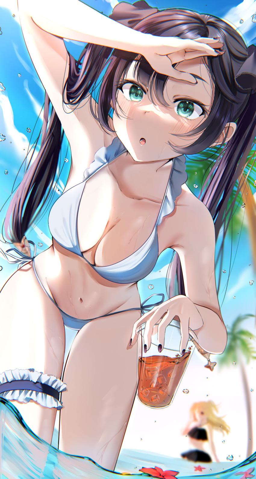 2girls :o absurdres bangs bare_arms bikini black_hair blue_sky blurry blurry_background blush breasts bridal_garter cleavage close-up cloud cloudy_sky collarbone drink fischl_(genshin_impact) frilled_bikini frills genshin_impact green_eyes groin hair_ribbon halterneck hand_on_own_head highres holding holding_drink leaning_forward long_hair mahiru_yura medium_breasts mona_(genshin_impact) multiple_girls nail_polish navel palm_tree parted_lips ponytail_holder ribbon side-tie_bikini sidelocks sky solo_focus standing stomach swept_bangs swimsuit tree twintails wet yura_458