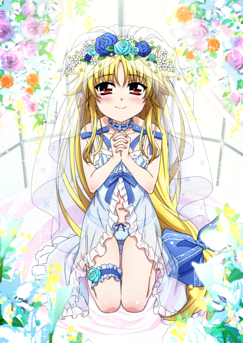 1girl blonde_hair blue_panties blush breasts bridal_veil bride choker closed_mouth collarbone dress eyebrows_behind_hair fate_testarossa flower frilled_choker frills hair_flower hair_ornament highres long_hair looking_at_viewer lyrical_nanoha mahou_shoujo_lyrical_nanoha mahou_shoujo_lyrical_nanoha_a's miyajima_hitoshi navel own_hands_clasped own_hands_together panties red_eyes rose shiny shiny_hair shiny_skin small_breasts smile solo underwear veil wedding_dress