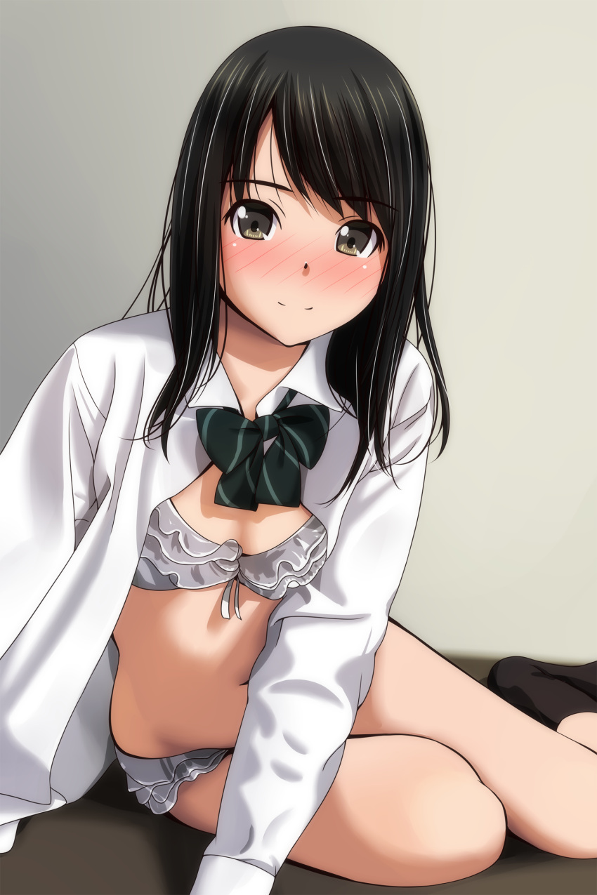 1girl absurdres bangs bikini black_hair blush bow bowtie breasts brown_eyes closed_mouth frilled_bikini frills green_bow green_bowtie grey_bikini highres long_sleeves looking_at_viewer matsunaga_kouyou medium_hair navel open_clothes open_shirt original shirt sitting small_breasts smile solo swimsuit thighs white_shirt