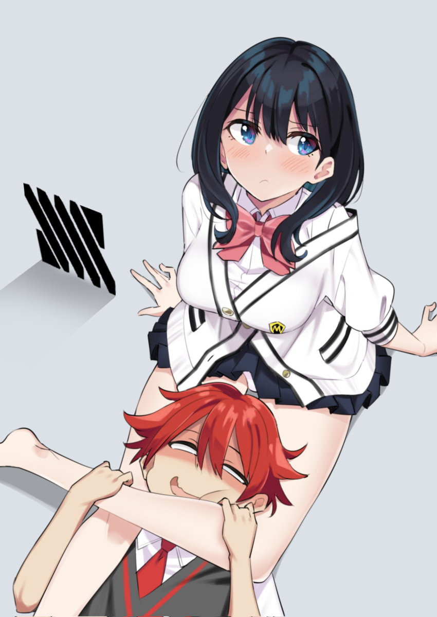 1boy 1girl arm_support bare_legs barefoot between_thighs black_hair black_skirt black_vest blank_eyes blue_eyes blush bow bowtie breasts cardigan closed_mouth collared_shirt commentary dress_shirt embarrassed foot_out_of_frame from_above frown furrowed_brow grey_background gridman_universe hetero hibiki_yuuta highres looking_away looking_to_the_side medium_breasts medium_hair miniskirt necktie panties panty_peek pervert pink_bow pink_bowtie pleated_skirt red_hair red_necktie sasanon_(sasapoliton) shirt simple_background sitting skirt ssss.gridman strangling takarada_rikka underwear vest wavy_mouth white_cardigan white_panties white_shirt wing_collar
