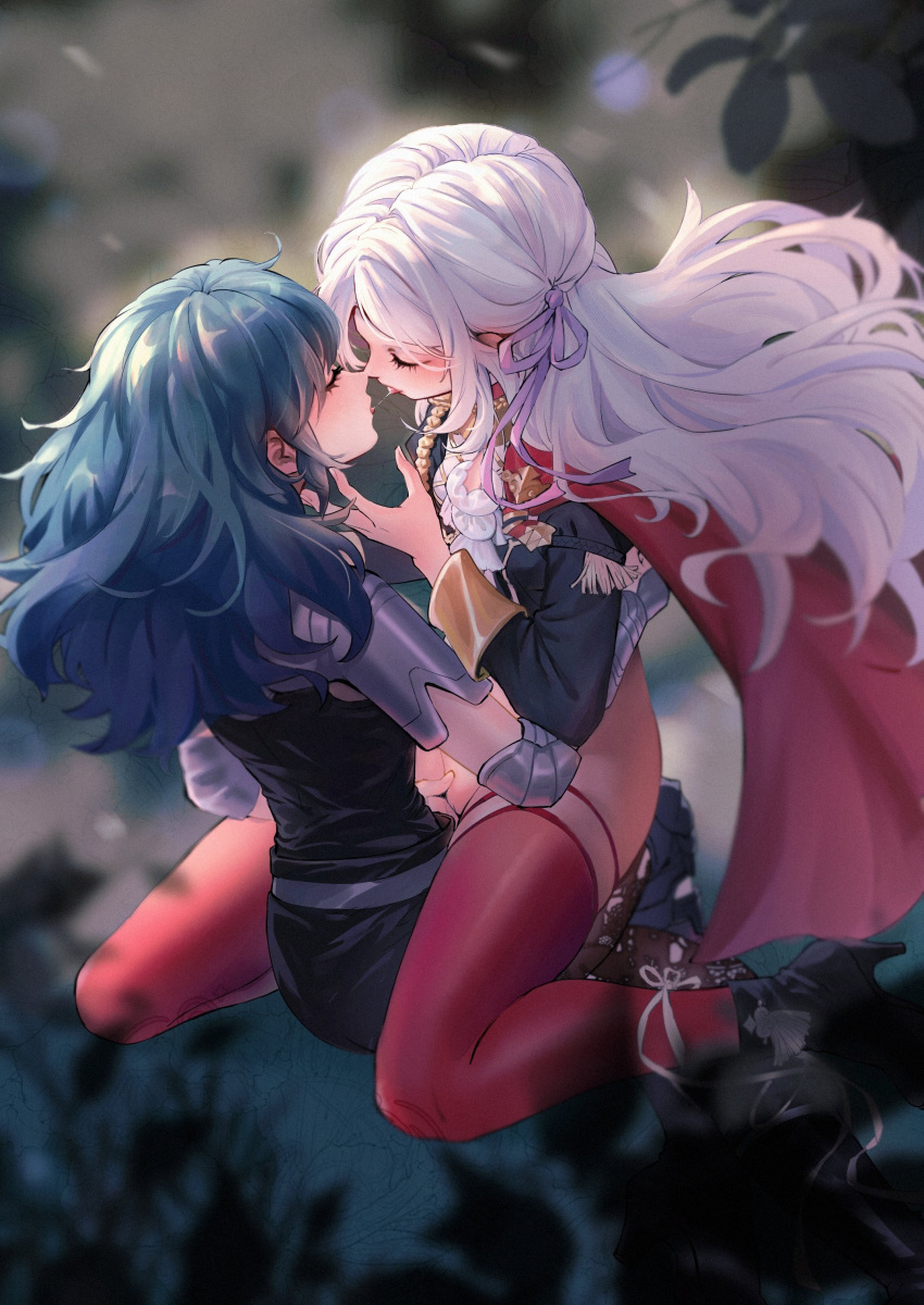 2girls absurdres after_kiss aiguillette armor black_footwear black_jacket blue_hair blurry bottomless byleth_(fire_emblem) byleth_(fire_emblem)_(female) cape chinese_commentary closed_eyes commentary_request depth_of_field edelgard_von_hresvelg facing_another fingering fire_emblem fire_emblem:_three_houses fringe_trim from_above garreg_mach_monastery_uniform gauntlets hair_ribbon half_updo high_heels highres jacket leaf lens_flare long_hair multiple_girls outdoors pauldrons pink_hair red_cape red_legwear ribbon saliva saliva_trail san_xun_san_ye second-party_source shoulder_armor sitting sitting_on_lap sitting_on_person thighhighs yuri