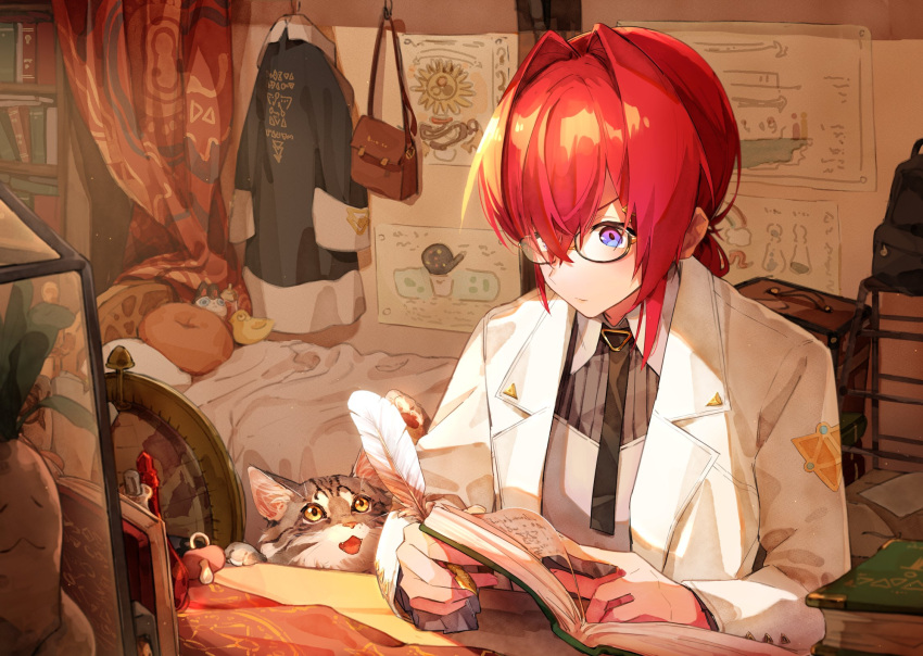1girl ange_katrina bag bangs bed book bookshelf cat closed_mouth feathers hair_between_eyes hair_intakes highres holding holding_book holding_feather indoors jacket long_sleeves looking_away nijisanji open_book open_clothes open_jacket pacifier purple_eyes red_hair rinderon0722 sebastian_piyodore short_hair shoulder_bag solo stuffed_animal stuffed_bird stuffed_dog stuffed_toy virtual_youtuber white_jacket