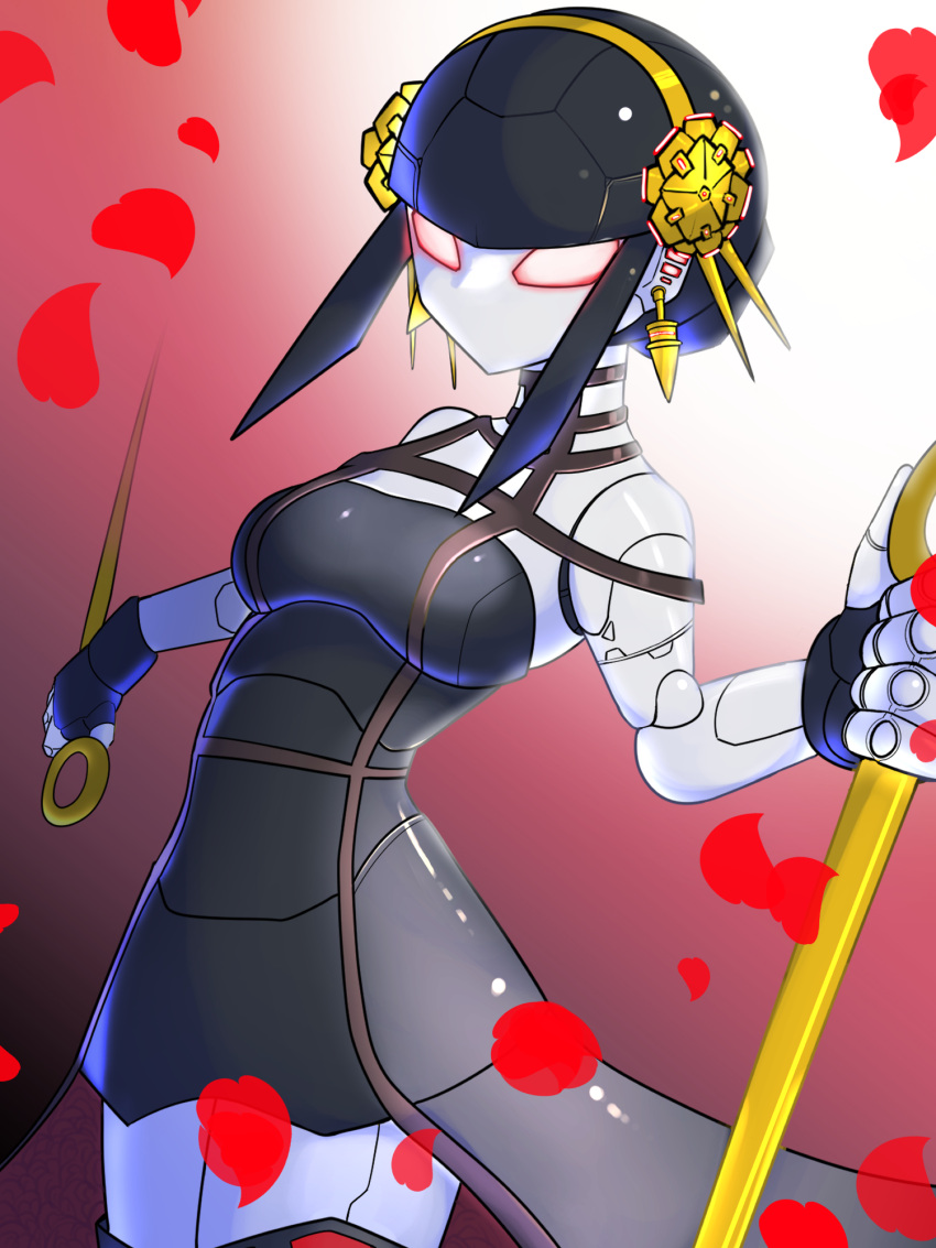 1girl breasts glowing glowing_eyes highres holding holding_knife humanoid_robot knife looking_at_viewer mechanization medium_breasts petals red_background science_fiction solo spy_x_family yor_briar zundarahagezou