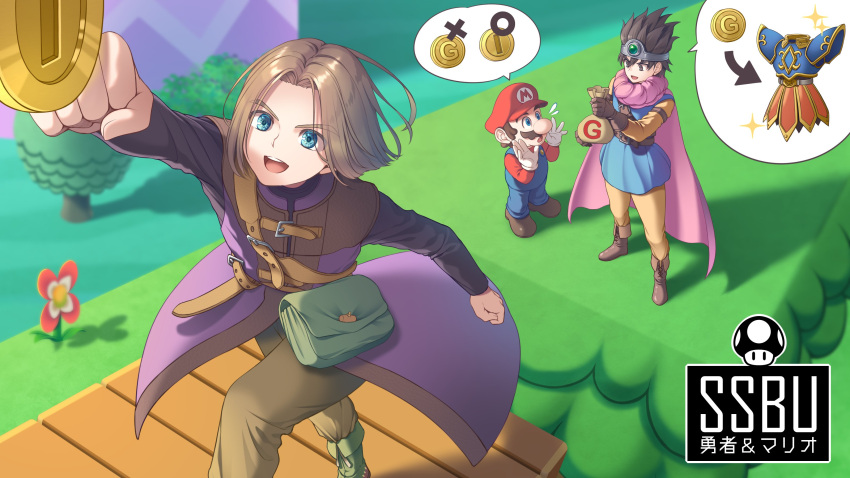 3boys absurdres blue_eyes brown_eyes brown_hair cape circlet coin dragon_quest dragon_quest_iii dragon_quest_xi facial_hair fujimura_hinami gameplay_mechanics gloves hero_(dq11) highres long_hair looking_at_viewer mario mario_(series) multiple_boys mustache open_mouth overalls roto short_hair smile super_smash_bros. sword weapon