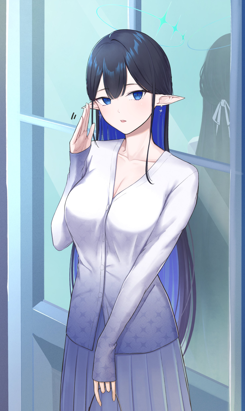 1girl absurdres bag bangs black_hair blue_archive blue_eyes breasts cleavage colored_inner_hair earrings feet_out_of_frame halo hand_up handbag highres holding holding_bag jewelry long_hair looking_at_viewer medium_breasts motion_lines multicolored_hair open_mouth pointy_ears reflection rin_(blue_archive) shirt sjuno skirt sleeves_past_wrists solo standing waving white_shirt window