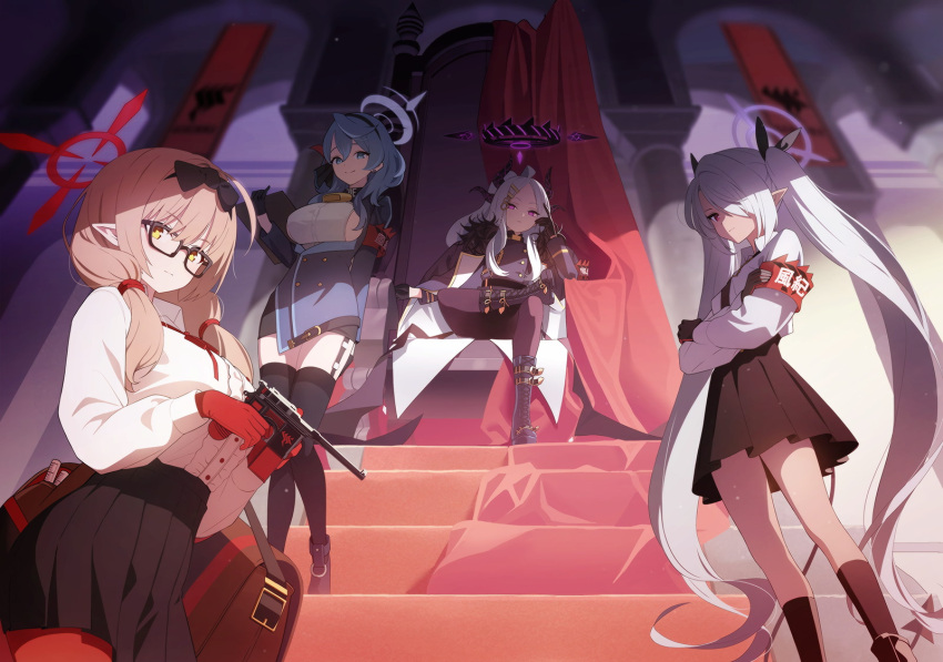 4girls ako_(blue_archive) armband blue_archive boots chinatsu_(blue_archive) crossed_arms demon_horns garter_straps glasses gun halo handgun highres hina_(blue_archive) horns iori_(blue_archive) long_hair mauser_c96 multiple_girls official_art one_eye_covered pleated_skirt pointy_ears school_uniform skirt socks thighhighs throne throne_room very_long_hair weapon