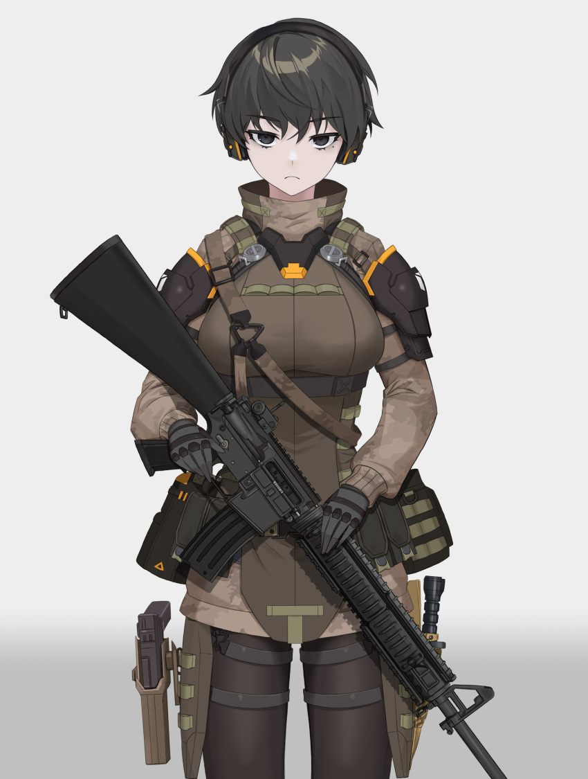 1girl absurdres assault_rifle black_eyes black_hair commentary_request cowboy_shot dlarudgml21 gloves grey_background gun headset highres holding holding_weapon korean_commentary looking_at_viewer m16a4 military mole mole_under_eye original pantyhose rifle short_hair simple_background solo tactical_clothes weapon