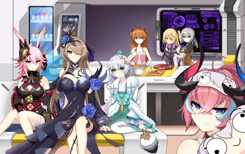 6+girls absurdres animal_ears armor bails bangs bare_shoulders bartender black_gloves black_shirt blonde_hair blue_eyes blue_hair bow bowtie breasts bronya_zaychik bronya_zaychik_(haxxor_bunny) brown_hair chinese_clothes cleavage closed_mouth company_connection couch crossover dress earrings elbow_gloves eye_mask eyepatch fischl_(genshin_impact) flower food fox_ears fox_mask genshin_impact gloves green_eyes grey_eyes grey_hair hair_flower hair_ornament hair_over_one_eye hand_fan highres holding holding_fan honkai_(series) honkai_impact_3rd horns indoors japanese_armor jewelry long_hair long_sleeves looking_at_viewer mask mihoyo_technology_(shanghai)_co._ltd. multiple_girls neon_genesis_evangelion ninja orange_hair pink_hair pink_skirt pot purple_bow purple_bowtie purple_dress purple_eyes purple_flower purple_rose rita_rossweisse rita_rossweisse_(fallen_rosemary) rose rozaliya_olenyeva rozaliya_olenyeva_(fervent_tempo) shirt single_earring sitting skirt sleeveless sleeveless_shirt smile souryuu_asuka_langley stuffed_toy theresa_apocalypse theresa_apocalypse_(starlit_astrologos) thighhighs vending_machine white_hair white_legwear yae_kasumi yae_sakura yae_sakura_(darkbolt_jonin) zhuge_kongming_(honkai_impact)