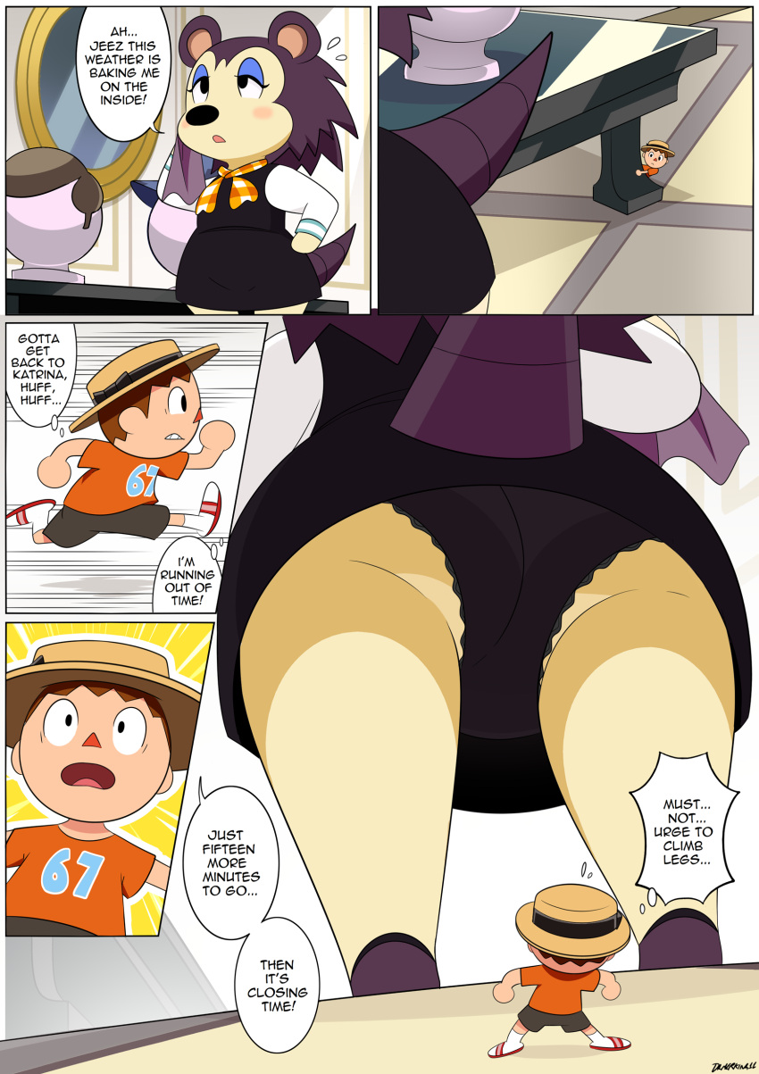 absurd_res animal_crossing anthro clothing dangerking11 duo eulipotyphlan female hedgehog hi_res human labelle_able macro male mammal micro nintendo panties unaware underwear upskirt video_games villager_(animal_crossing)