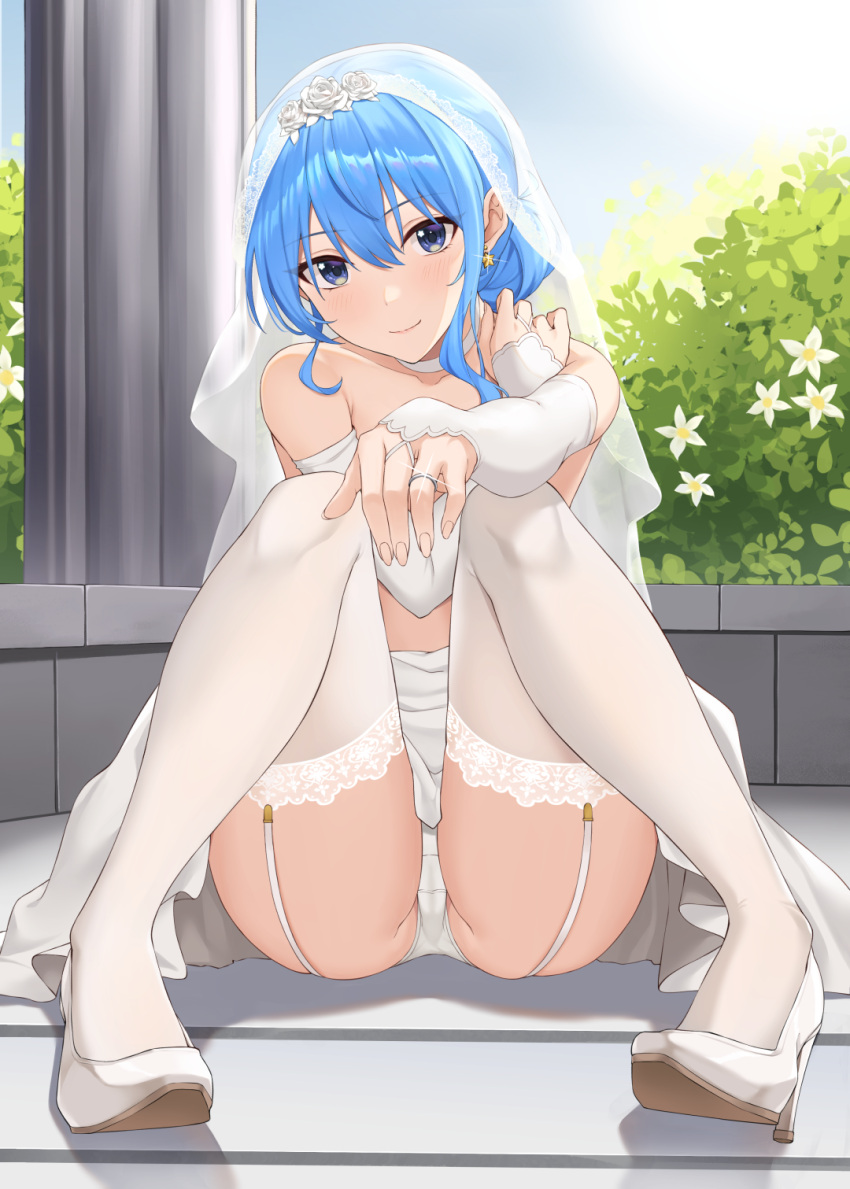 1girl bangs blue_eyes blue_hair blush bridal_gauntlets bridal_veil bush choker closed_mouth clothes_down clothes_pull covering covering_breasts crotch dress dress_pull earrings flower full_body garter_straps glint hair_bun high_heels highres hololive hoshimachi_suisei jewelry lace-trimmed_legwear lace_trim looking_at_viewer outdoors panties pantyshot ring sidelocks sitting smile solo star_(symbol) star_earrings terry_(pixiv3274443) thighhighs thighs underwear veil virtual_youtuber wavy_hair wedding_band wedding_dress white_choker white_dress white_flower white_footwear white_legwear white_panties white_veil
