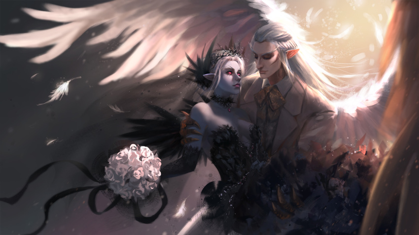 1boy 1girl absurdres black_dress black_gloves blue_skin bouquet breasts carrying cleavage colored_skin crown dota_(series) dota_2 dress elbow_gloves feathers flower gloves highres holding holding_bouquet jacket long_hair long_sleeves pointy_ears princess_carry red_eyes rose skywrath_mage_(dota) sleeveless sleeveless_dress vengeful_spirit_(dota) wedding wedding_dress white_flower white_hair white_jacket white_rose wings yuwei_li