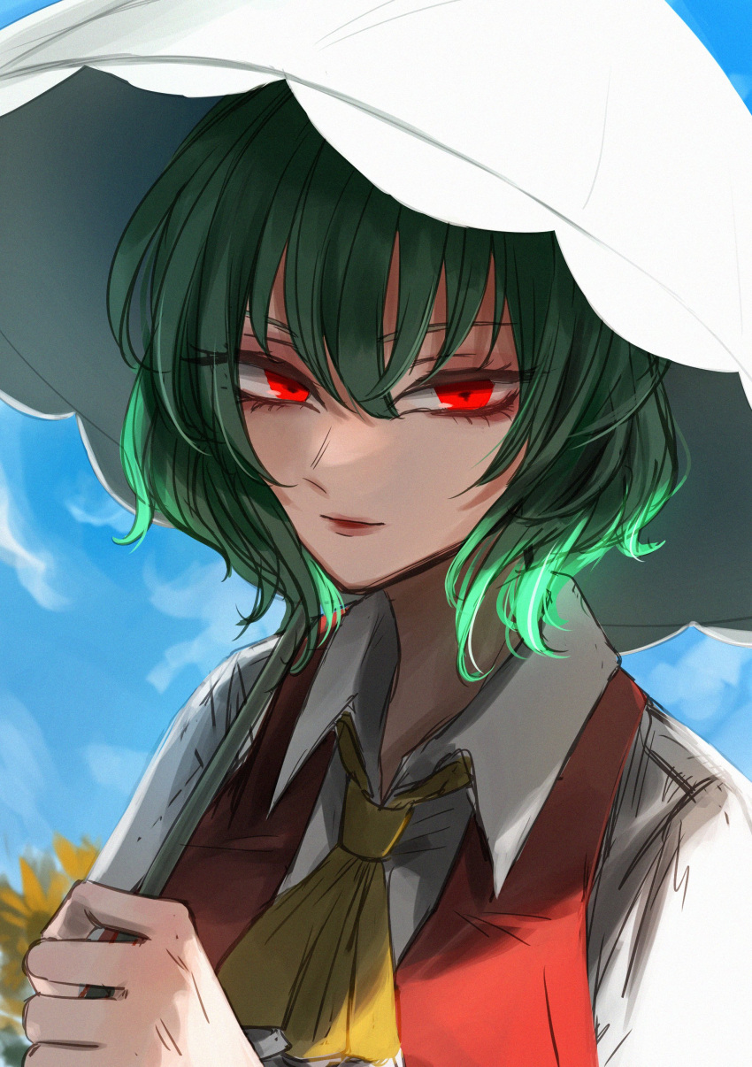 1girl absurdres ascot bangs blue_sky closed_mouth cloud cloudy_sky collared_shirt eyes_visible_through_hair flower green_hair grey_shirt hair_between_eyes hand_up highres holding holding_umbrella kazami_yuuka leaf looking_at_viewer mamiru_(42105269) one-hour_drawing_challenge plaid plaid_vest puffy_short_sleeves puffy_sleeves red_eyes red_vest shirt short_hair short_sleeves sky smile solo sunflower touhou umbrella upper_body vest yellow_ascot