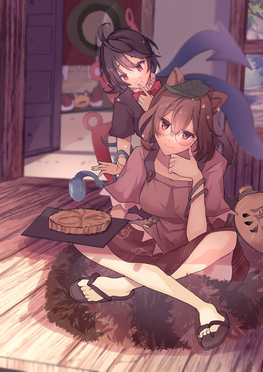 2girls :d ahoge alcohol animal_ears aoko_(myut7287) bangs black_dress black_hair bow bowtie brown_eyes brown_hair brown_shirt brown_skirt closed_mouth door dress flip-flops food full_body futatsuiwa_mamizou gourd highres holding houjuu_nue indian_style indoors leaf leaf_on_head multiple_girls on_floor open_clothes pie raccoon_ears raccoon_girl raccoon_tail red_bow red_bowtie red_eyes saliva sandals shirt short_hair short_sleeves sitting skirt smile snake tail toes touhou window wine wooden_floor