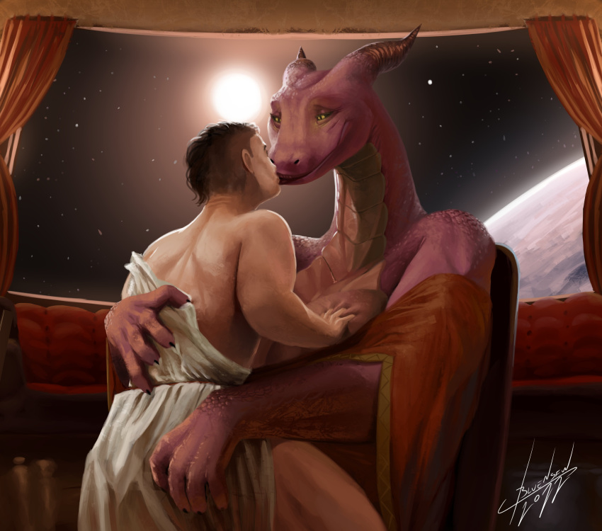 2022 2_horns 5_fingers absurd_res anthro artist_name bedroom_eyes blulesnsfw breasts chair claws clothing curtains digital_media_(artwork) dragon duo eyes_closed female fingers furniture glowing glowing_eyes hair half-closed_eyes hand_on_back hand_on_breast hi_res horn human human_on_anthro interspecies kissing larger_female lips male male/female mammal narrowed_eyes non-mammal_breasts outerspace plant rear_view red_body red_scales scales scalie seductive size_difference sky smaller_male smile star starry_sky starscape sun thick_lips toga