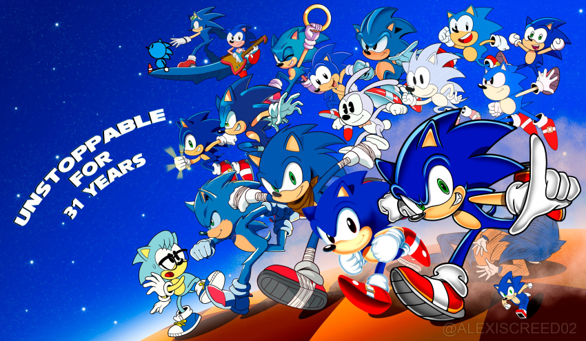 6+boys absurdres adventures_of_sonic_the_hedgehog alexiscreed black_eyes closed_mouth furry furry_male gloves green_eyes grin highres hover_board lego_dimensions mr._needlemouse multiple_boys multiple_persona nicky_(sonic) ok_k.o.!_let's_be_heroes parody red_footwear running shoes smile sneakers sonic_(series) sonic_boom_(game) sonic_mania_adventures sonic_riders sonic_the_comic sonic_the_hedgehog sonic_the_hedgehog_(classic) sonic_the_hedgehog_(film) sonic_the_hedgehog_(ova) sonic_underground sonic_x style_parody uekawa_yuji_(style) ugly_sonic white_gloves