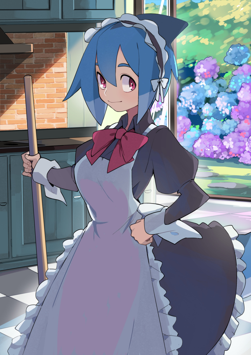 1girl apron azuumori bangs blue_hair bow bowtie checkered_floor closed_mouth day flower hair_between_eyes hand_on_hip highres holding holding_brush hydrangea indoors kitchen looking_to_the_side maid maid_apron maid_headdress original red_bow red_bowtie red_eyes shark_girl_(azuumori) short_hair smile solo standing sunlight