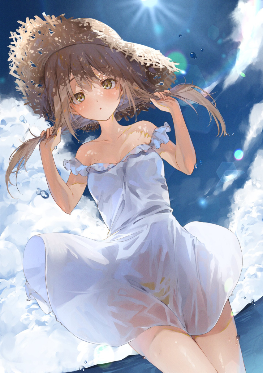 1girl :o bangs bare_shoulders blue_sky blush breasts brown_eyes brown_hair bunching_hair cleavage cloud cloudy_sky collarbone commentary commission copyright_request cowboy_shot dress harui_(hr_x9_) hat highres lens_flare long_hair medium_breasts off-shoulder_dress off_shoulder open_mouth outdoors see-through set skeb_commission sky solo straw_hat sun sun_hat sundress sunlight thighs water_drop wet wet_clothes wet_dress wet_lens white_dress