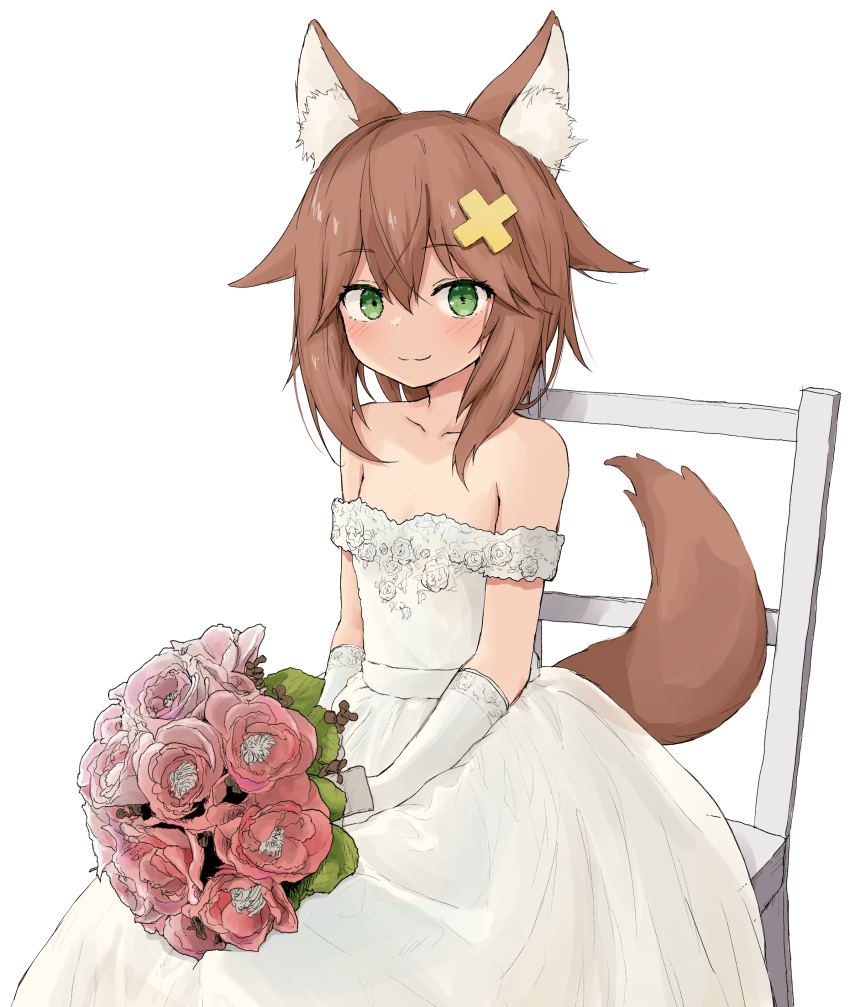 1girl absurdres animal_ears bare_shoulders blush bouquet brown_hair closed_mouth dress gloves green_eyes highres holding holding_bouquet indie_virtual_youtuber looking_at_viewer nekoname_tuna short_hair smile solo tail virtual_youtuber wedding_dress white_dress white_gloves yakihebi