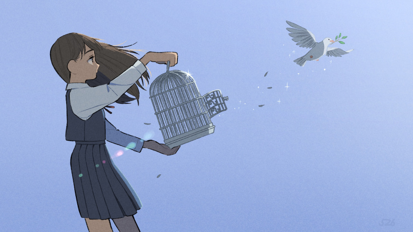 1girl animal bangs beak_hold bird birdcage blue_background blue_skirt blue_sky branch brown_hair cage collared_shirt commentary_request cowboy_shot day dove floating_hair from_side glint hair_between_eyes highres holding kojiro337 long_hair looking_at_animal looking_away neck_ribbon original outstretched_arms pleated_skirt red_ribbon ribbon shirt skirt skirt_set sky sparkle standing white_shirt wind