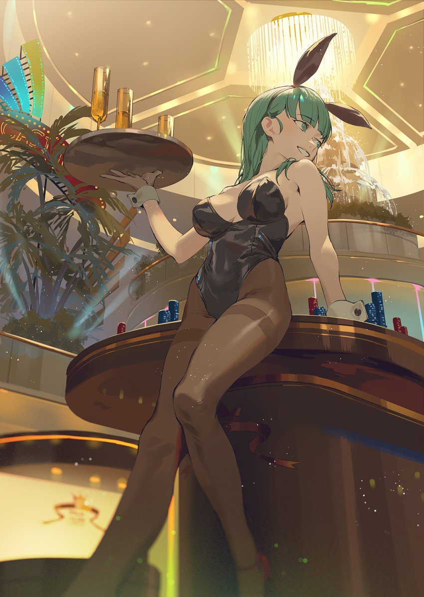1girl animal_ears aqua_eyes aqua_hair arm_support bangs black_leotard blunt_bangs breasts brown_legwear bulma casino cup dragon_ball dragon_ball_z drinking_glass fajyobore fake_animal_ears fountain grin high_heels highres holding holding_tray large_breasts leaning_back leaning_on_table leotard long_hair looking_away looking_back official_alternate_costume pantyhose playboy_bunny poker_chip poker_table rabbit_ears red_footwear smile solo strapless strapless_leotard thighband_pantyhose tray wrist_cuffs