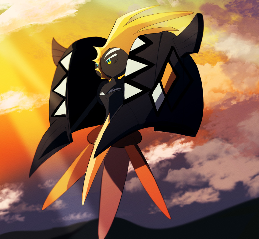 alternate_color black_sclera blurry cloud colored_sclera commentary_request highres light_rays multicolored_eyes no_humans outdoors pokemon pokemon_(creature) shiny_pokemon sky solo tapu_koko xixi_(xxxxiixxxiixxxx)