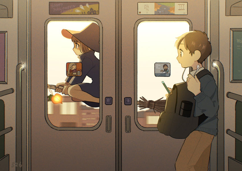 1boy 1girl backpack bag black_dress board broom broom_riding building cable cellphone chinese_lantern_(plant) day dress earphones flying from_side glint glowing hat highres holding holding_phone kojiro337 listening_to_music long_sleeves looking_at_another looking_away motion_blur open_mouth original pants phone poster_(object) profile single_earphone_removed sky standing surprised sweater train_interior witch witch_hat