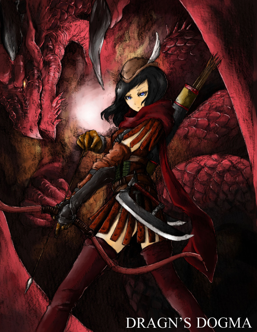 1girl arisen_(dragon's_dogma) arm_armor arrow_(projectile) black_hair blue_eyes bolt0002 bow_(weapon) brown_headwear closed_mouth copyright_name dagger dragon dragon's_dogma drawing_bow feathers gloves grigori_(dragon's_dogma) hat hat_feather highres holding holding_bow_(weapon) holding_weapon knife long_hair monster orange_gloves quiver red_legwear red_scarf scales scarf standing thighhighs typo weapon white_feathers