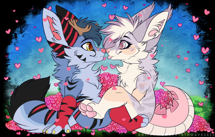 &lt;3 anthro blep blue_body blue_fur canid canine claws dinosaur_tail duo eye_contact female fennec fox fur gradient_background hair hi_res hybrid looking_at_another love male male/female mammal pink_eyes pink_nose purple_body purple_fur scar simple_background smile smiling_at_partner smolsynthwave stern_(saurfennec) tongue tongue_out yellow_claws yellow_eyes zephyr_wotherspoon