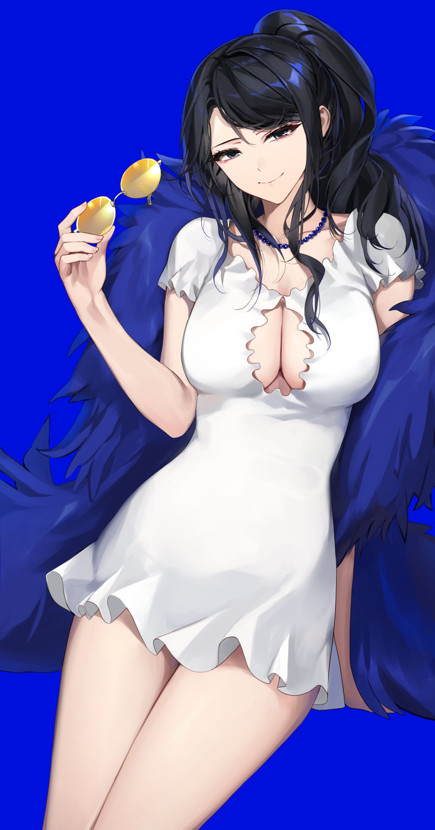 1girl absurdres bangs black_hair blue_background blue_eyes breasts cleavage cleavage_cutout clothing_cutout cowboy_shot dress eyewear_removed frilled_dress frills fur_trim hand_up head_tilt highres holding holding_eyewear jewelry large_breasts long_hair looking_at_viewer necklace nico_robin one_piece ponytail sabotensuteeki short_dress short_sleeves sidelocks simple_background smile solo sunglasses swept_bangs symbol-only_commentary white_dress