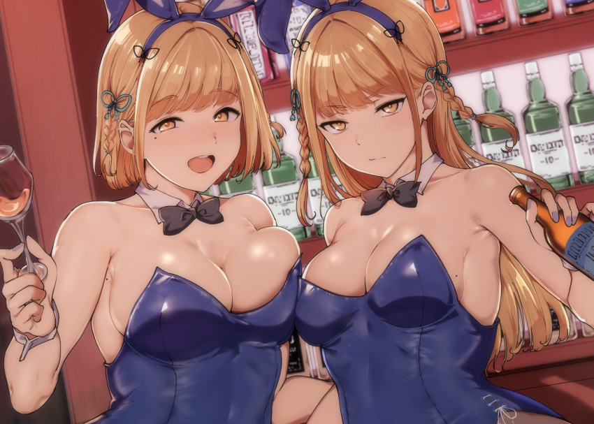 2girls alp animal_ears bangs bare_shoulders blue_leotard blush braid breasts brown_eyes cleavage cup detached_collar drinking_glass fake_animal_ears large_breasts leotard light_brown_hair long_hair looking_at_viewer multiple_girls open_mouth pantyhose playboy_bunny rabbit_ears short_hair sidelocks smile swept_bangs twin_braids wine_glass wrist_cuffs