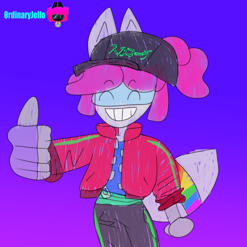 0rdinaryjello anthro big_tail canid canine celine_(0rdinaryjello) clothing female fox gesture hair mammal pink_hair rgb robotic rubber_body smile smiling_at_viewer solo sportswear thumbs_up topwear vest visor white_body