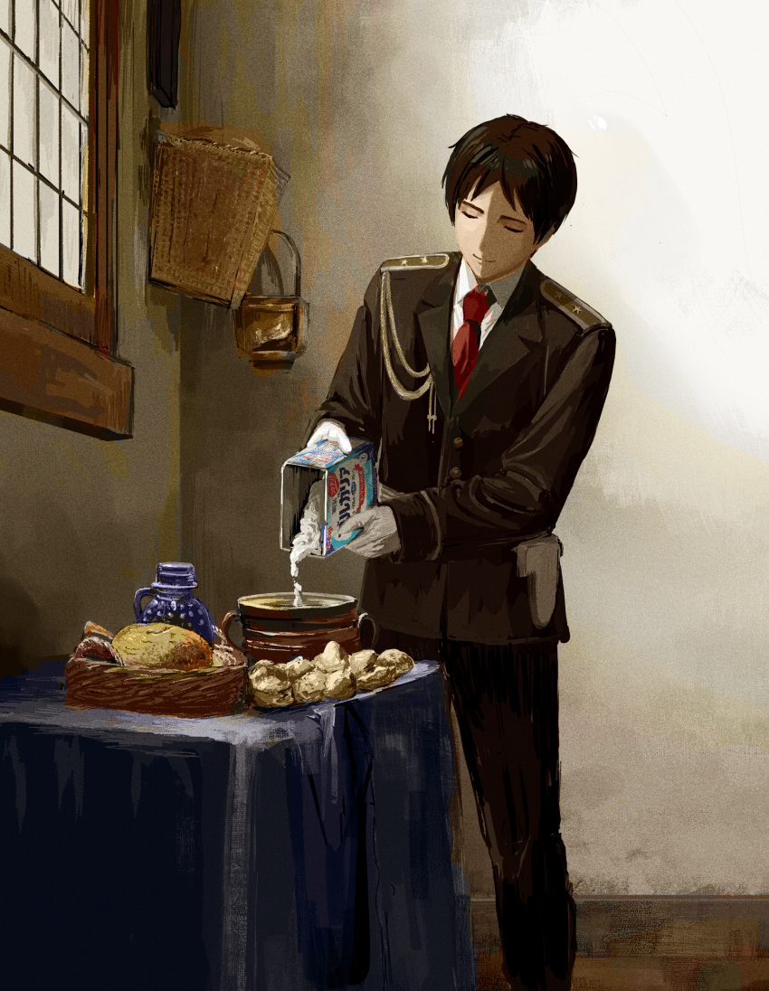 1boy absurdres axis_powers_hetalia basket black_hair bowl bulgaria_(hetalia) carton closed_eyes collared_shirt epaulettes fine_art_parody highres indoors kitchen military military_uniform necktie parody pouring red_necktie shirt short_hair sitakutu solo the_milkmaid uniform yogurt