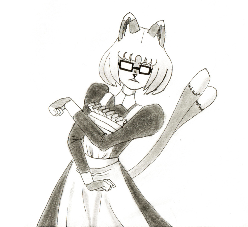 2_tails absurd_res anthro bakeneko bob_cut cat_ear cat_nose cat_tail clothing domestic_cat efradraws eyewear felid feline felis female fur glasses graphite_(artwork) hi_res kokono_geto maid_uniform mammal marker_(artwork) multi_tail multicolored_body multicolored_fur pencil_(artwork) pose solo traditional_media_(artwork) two_tone_body two_tone_fur uniform