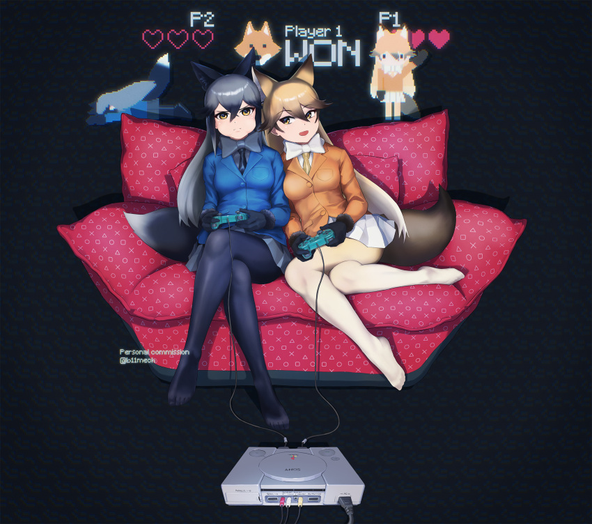 2girls :d animal_ears annoyed arm_up bangs beleven black_gloves black_hair black_legwear black_necktie black_skirt blonde_hair blue_jacket bow bowtie breast_pocket breasts brown_hair buttons cable chibi closed_mouth commission controller couch crossed_legs cushion dualshock extra_ears ezo_red_fox_(kemono_friends) face_down fallen_down fox_ears fox_girl fox_tail full_body fur-trimmed_sleeves fur_trim game_console game_controller gamepad gloves grey_bow grey_bowtie grey_hair hair_between_eyes highres holding holding_controller holding_game_controller jacket kemono_friends leaning_to_the_side long_hair long_sleeves looking_at_viewer lying medium_breasts microskirt multicolored_hair multiple_girls necktie no_shoes on_couch on_stomach open_mouth orange_jacket outstretched_arm paid_reward_available pantyhose parted_bangs pillow pixel_art playing_games playstation playstation_controller pleated_skirt pocket pout shiny shiny_hair side-by-side silver_fox_(kemono_friends) sitting skirt smile sony standing suit_jacket tail taut_clothes taut_jacket twitter_username two-tone_hair user_interface v-shaped_eyebrows very_long_hair white_bow white_bowtie white_skirt yellow_necktie