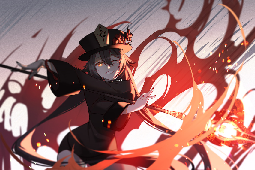 1girl bangs black_hair chinese_clothes eyebrows_behind_hair fire genshin_impact hair_between_eyes hat highres holding holding_polearm holding_weapon hu_tao_(genshin_impact) jewelry lance long_hair looking_at_viewer nail_polish one_eye_closed polearm red_eyes ring smile solo weapon xion32