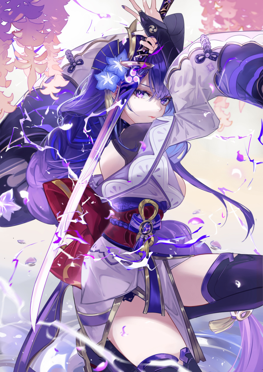 1girl absurdres bangs braid braided_ponytail breasts bridal_gauntlets electricity genshin_impact hair_ornament highres japanese_clothes katana kimono large_breasts long_hair long_sleeves looking_at_viewer mole mole_under_eye musou_isshin_(genshin_impact) obi off_shoulder purple_eyes purple_hair purple_kimono purple_legwear raiden_shogun sash shrug_(clothing) solo sword thighhighs thighs vardan very_long_hair vision_(genshin_impact) weapon wide_sleeves