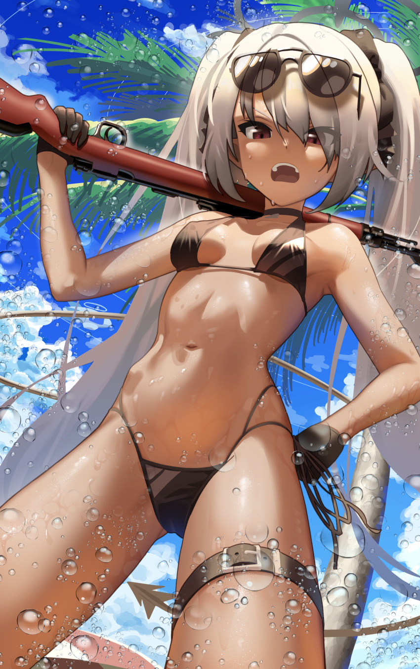 1girl absurdres bangs bare_shoulders bikini black_bikini black_gloves blue_archive bodysuit breasts breasts_apart carrying_over_shoulder choker cloud dark-skinned_female dark_skin day demon_tail eyewear_on_head feet_out_of_frame gloves grey_hair gun halo hand_on_hip highres holding holding_gun holding_weapon iori_(blue_archive) iori_(swimsuit)_(blue_archive) leg_belt long_hair looking_at_viewer multi-strapped_bikini navel open_mouth outdoors palm_tree pointy_ears red_eyes rifle side-tie_bikini small_breasts solo standing sunglasses surps swimsuit tail teeth tree twintails very_long_hair water weapon wetsuit