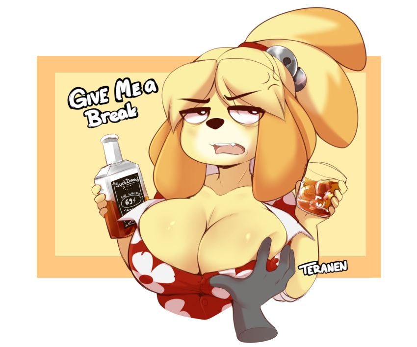 1girl alcohol alternate_breast_size anger_vein animal_crossing animal_ears animal_nose annoyed artist_name bags_under_eyes bangs bell black_eyes blonde_hair body_fur border bottle brand_name_imitation breast_grab breasts bright_pupils buttons cleavage collarbone commentary cropped_torso cup disembodied_limb dog_ears dog_girl drink drinking_glass english_commentary english_text fang floral_print furry furry_female grabbing hair_bell hair_ornament hair_tie half-closed_eyes hands_up holding holding_bottle holding_cup holding_drink ice ice_cube isabelle_(animal_crossing) jack_daniel's jingle_bell jitome large_breasts looking_to_the_side multicolored_hair open_mouth outside_border parted_bangs red_shirt rolling_eyes shirt short_hair short_sleeves signature simple_background solo_focus talking teeth teranen topknot two-tone_fur two-tone_hair upper_body v-shaped_eyebrows whiskey white_border white_fur white_pupils yellow_eyes yellow_fur