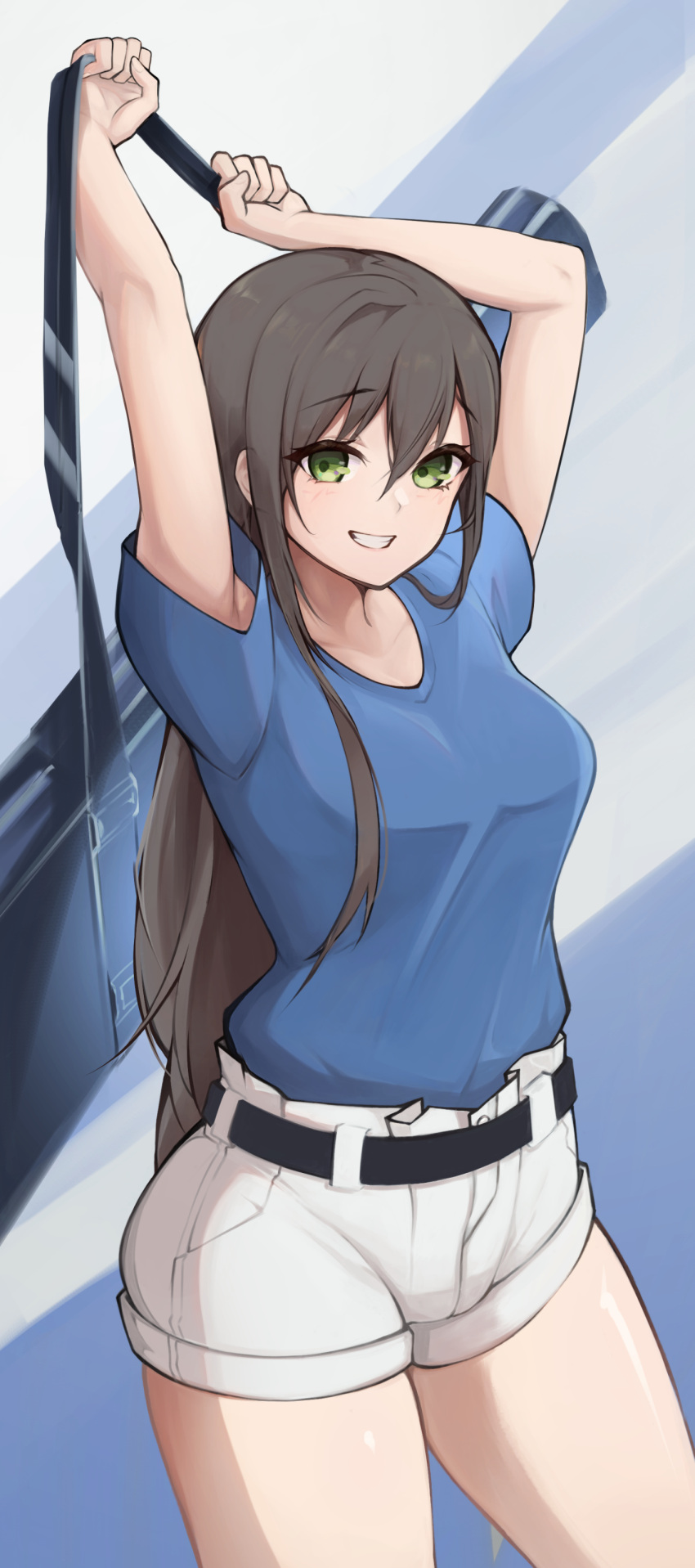 1girl absurdres arms_up bang_dream! bangs bare_arms belt black_belt blue_background blue_shirt breasts brown_hair collarbone commentary cowboy_shot fingernails green_eyes grey_background grin guitar_case hair_between_eyes hanazono_tae highres holding holding_case instrument_case kanotype light_blush long_hair looking_at_viewer medium_breasts pocket shirt shirt_tucked_in short_shorts short_sleeves shorts sidelocks smile solo standing two-tone_background up_sleeve very_long_hair white_shorts