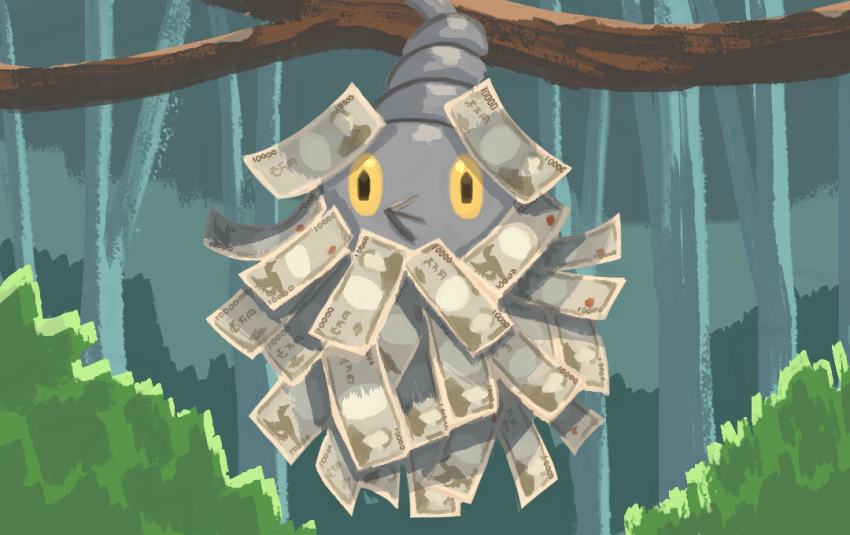branch burmy closed_mouth commentary_request goritank hanging money no_humans outdoors pokemon pokemon_(creature) solo yellow_eyes yen
