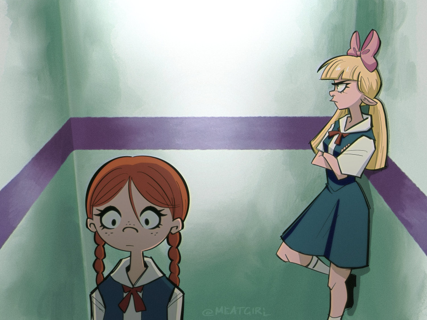 2girls against_wall ayanami_rei ayanami_rei_(cosplay) blonde_hair bow braid character_request cosplay crossed_arms elevator expressionless freckles hair_bow helga_g_pataki hey_arnold! highres long_hair low_twintails meatgiri multiple_girls neon_genesis_evangelion orange_hair parody pink_bow school_uniform skirt souryuu_asuka_langley souryuu_asuka_langley_(cosplay) tokyo-3_middle_school_uniform twin_braids twintails twitter_username white_legwear