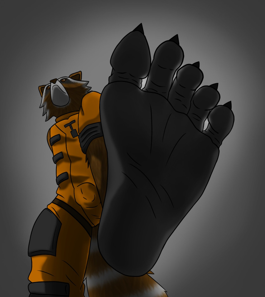 2022 5_toes anthro barefoot claws clothed clothing derikyeen digital_drawing_(artwork) digital_media_(artwork) feet first_person_view fur guardians_of_the_galaxy hi_res humanoid_feet male mammal marvel procyonid raccoon rocket_raccoon shaded simple_background size_difference soles solo toes unaware