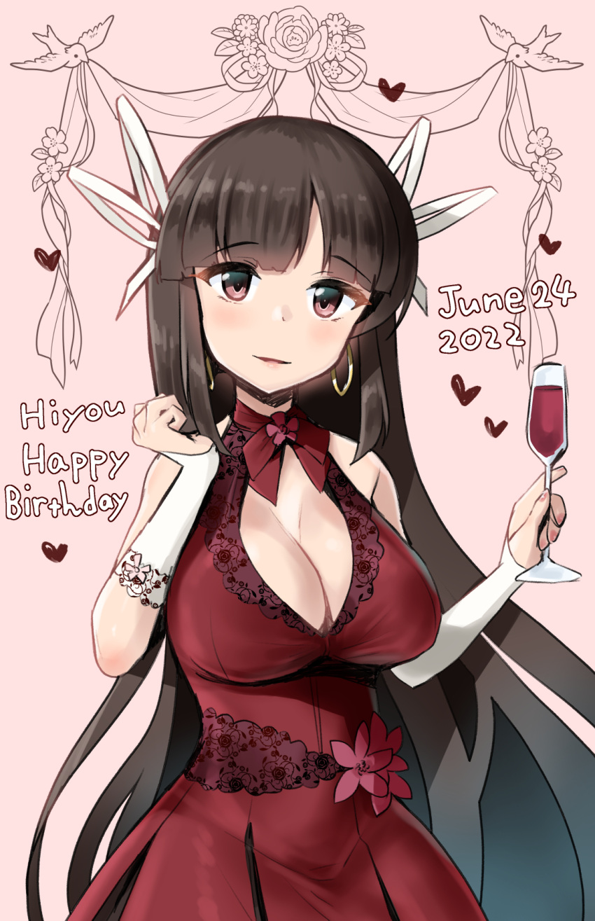 1girl alternate_costume black_hair breasts bridal_gauntlets brown_eyes cleavage_cutout clothing_cutout cup dated dress drinking_glass earrings english_text gloves hair_ribbon happy_birthday highres hime_cut hiyou_(kancolle) holding holding_cup hoop_earrings jewelry kantai_collection large_breasts long_hair minase_(takaoka_nanase) red_dress ribbon sleeveless sleeveless_dress solo white_gloves white_ribbon wine_glass