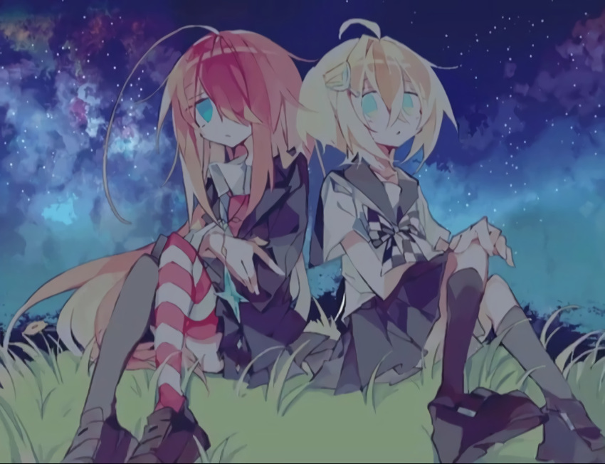 2girls ahoge bad_source blue_eyes hello_hello_world! highres katsuragi_ichika kotobuki_towako long_hair meto_(metrin) multiple_girls official_art orange_hair pink_hair second-party_source sky star_(sky) stargazing starry_background starry_sky striped striped_legwear thighhighs very_long_hair