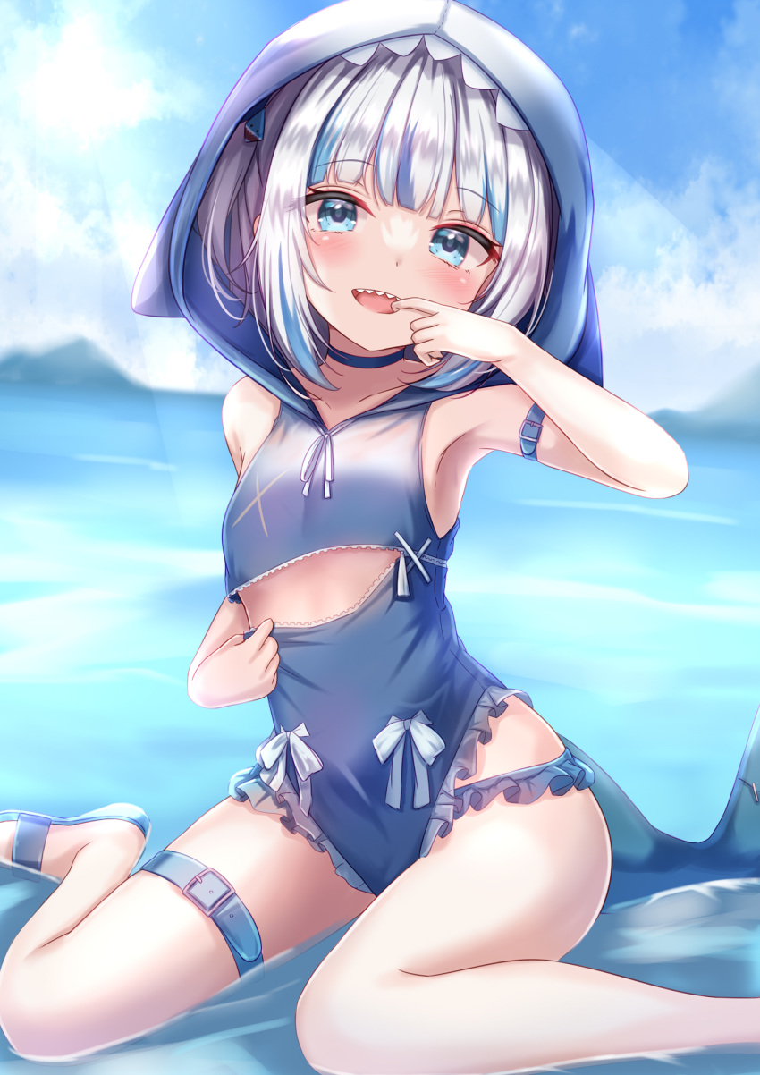 1girl animal_hood arm_strap bangs bare_arms bare_legs bikini blue_bikini blue_choker blue_eyes blue_hair blush choker finger_in_own_mouth fish_tail frilled_bikini frills gawr_gura hair_ornament highres hololive hololive_english hood hood_up hooded_swimsuit looking_at_viewer multicolored_hair one-piece_swimsuit one_side_up shark_hair_ornament shark_hood shark_tail sharp_teeth sitting solo streaked_hair swimsuit tail teeth thigh_strap upper_teeth virtual_youtuber wariza white_hair yuano