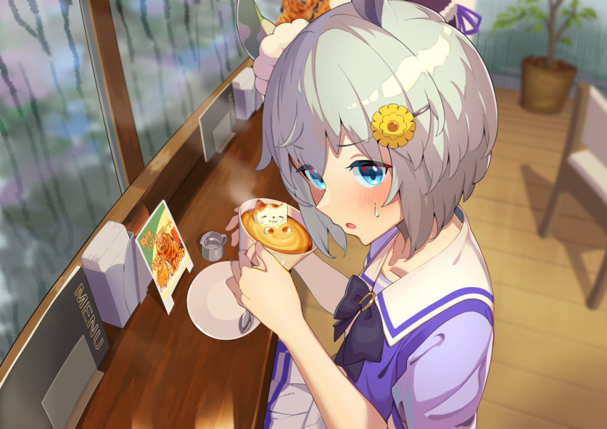 1girl bangs blue_eyes blurry blurry_background blush coffee creamer_(vessel) cup grey_hair hair_ornament hairclip holding holding_cup horse_tail indoors latte_art looking_at_viewer menu napkin napkin_holder open_mouth panda_inu plant plate potted_plant purple_shirt school_uniform seiun_sky_(umamusume) shirt short_hair sideways_mouth sitting skirt solo spoon steam sweatdrop tail tracen_school_uniform umamusume white_skirt window