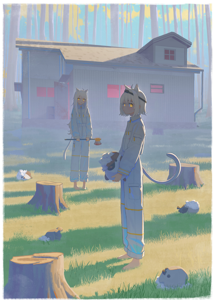 1boy 1girl absurdres ahoge animal_ear_fluff animal_ears axe bangs barefoot belt blood blood_on_axe blunt_bangs border cat_ears cat_tail closed_mouth collared_shirt commentary eyebrows_behind_hair full_body grass grey_belt grey_hair grey_pants grey_shirt highres holding holding_axe holding_stuffed_toy house long_hair long_sleeves looking_at_viewer medium_hair on_grass original outdoors pants parted_lips scenery shirt shirt_tucked_in shunken_he sidelocks standing stuffed_animal stuffed_bird stuffed_toy tail tree tree_stump white_border yellow_eyes