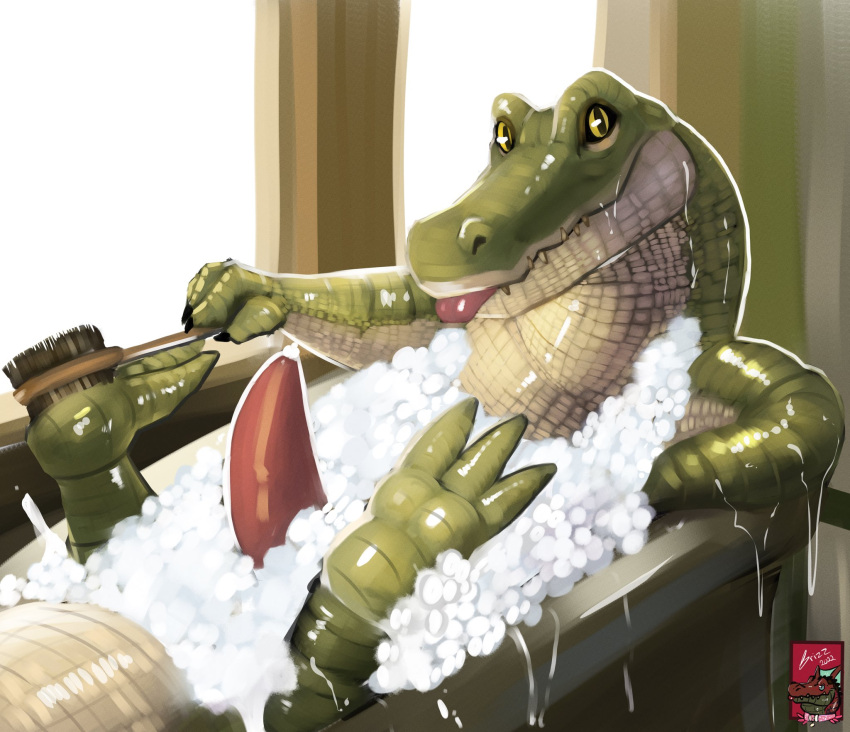 2022 bathing bathtub crocodile crocodilian crocodylid erection genitals green_body grizzledcroc hi_res lyle_lyle_crocodile male penis reptile scalie solo tongue tongue_out