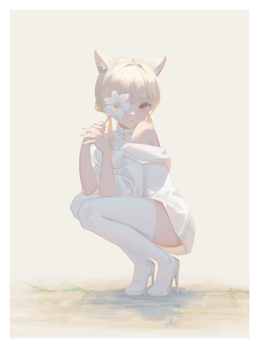 1girl absurdres animal_ear_fluff animal_ears bangs bare_shoulders blonde_hair boots border cat_ears day dress flower flower_over_eye frost_002 full_body grey_footwear ground hair_bun hands_up high_heels highres holding holding_flower long_hair looking_at_viewer off_shoulder one_eye_covered original red_eyes shadow short_dress sleeves_pushed_up solo squatting stiletto_heels thigh_boots toggles twintails white_border white_dress white_flower white_legwear